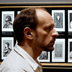 **Prompt:** An astute art critic, a discerning individual, in deep contemplation before a complex artwork. The scene is a fusion of a traditional art gallery and a modern digital exhibition space. One eye of the critic is observing a classical masterpiece (e.g., a Renaissance painting or a classical sculpture), while the other eye subtly reflects digital pixels or NFT elements, symbolizing the blend of historical knowledge and modern trends. Abstract visual representations of data streams, historical timelines, and aesthetic theories swirl gently around the critic's head, illustrating the depth of their analytical process. The lighting is focused, highlighting the critic's intense gaze and the artwork, with a sophisticated, intellectual atmosphere. High detail, conceptual, thought-provoking, symbolic.