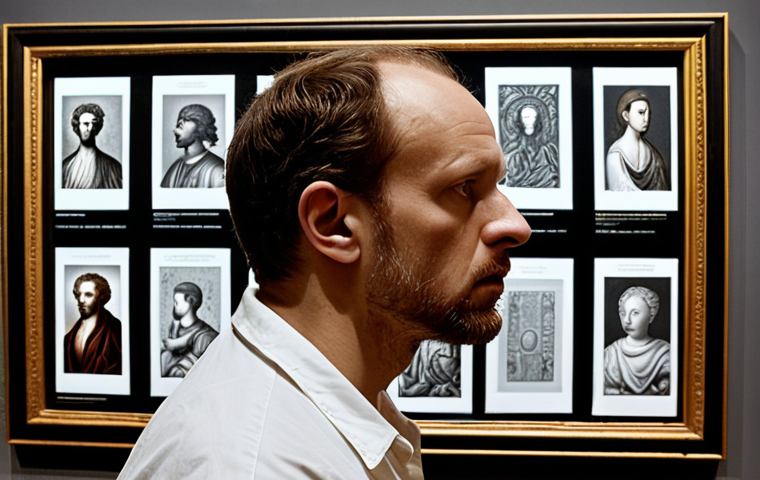 **Prompt:** An astute art critic, a discerning individual, in deep contemplation before a complex artwork. The scene is a fusion of a traditional art gallery and a modern digital exhibition space. One eye of the critic is observing a classical masterpiece (e.g., a Renaissance painting or a classical sculpture), while the other eye subtly reflects digital pixels or NFT elements, symbolizing the blend of historical knowledge and modern trends. Abstract visual representations of data streams, historical timelines, and aesthetic theories swirl gently around the critic's head, illustrating the depth of their analytical process. The lighting is focused, highlighting the critic's intense gaze and the artwork, with a sophisticated, intellectual atmosphere. High detail, conceptual, thought-provoking, symbolic.