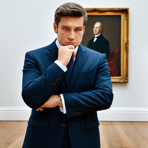 A professional male art critic in a modest business suit, standing contemplatively in a well-lit classical art gallery. He observes a large, framed oil painting with a discerning gaze, one hand gently resting on his chin. The gallery space features high ceilings and polished floors, with other historical artworks subtly blurred in the background. The scene is captured with professional photography, showcasing perfect anatomy, correct proportions, natural pose, well-formed hands, proper finger count, natural body proportions, high resolution, and detailed texture. safe for work, appropriate content, fully clothed, professional dress.