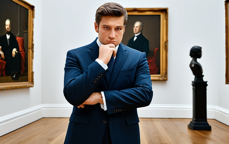 A professional male art critic in a modest business suit, standing contemplatively in a well-lit classical art gallery. He observes a large, framed oil painting with a discerning gaze, one hand gently resting on his chin. The gallery space features high ceilings and polished floors, with other historical artworks subtly blurred in the background. The scene is captured with professional photography, showcasing perfect anatomy, correct proportions, natural pose, well-formed hands, proper finger count, natural body proportions, high resolution, and detailed texture. safe for work, appropriate content, fully clothed, professional dress.