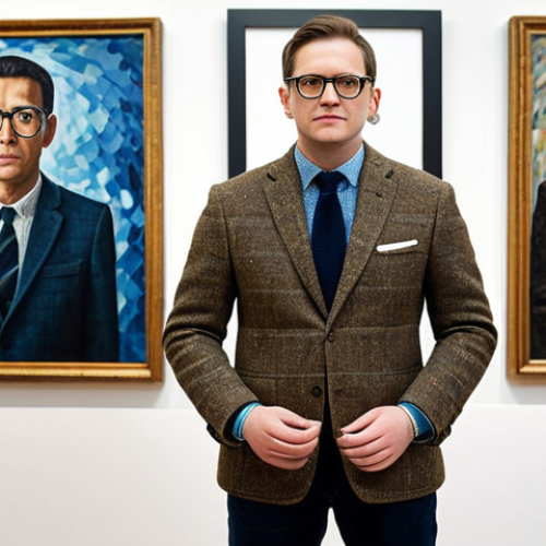 **

"A professional art critic, fully clothed in a tweed blazer and glasses, stands in a modern art gallery, surrounded by abstract paintings, appropriate attire, safe for work, perfect anatomy, natural proportions, well-formed hands, professional."

**