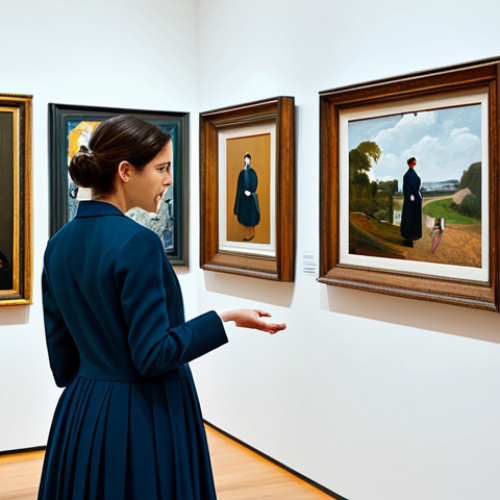 Art Curation**

A professional female museum curator, fully clothed in modest professional attire, carefully arranging paintings in a modern art gallery. The background shows various artworks and visitors observing. Perfect anatomy, correct proportions, natural pose, well-formed hands, proper finger count, natural body proportions, safe for work, appropriate content, professional, modest, family-friendly.

**