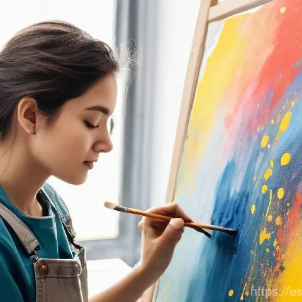 미술평론가의 비평적 접근법 - **A passionate female artist, around 20s-30s, wearing paint-splattered denim overalls and a simple t...