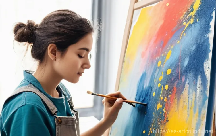 미술평론가의 비평적 접근법 - **A passionate female artist, around 20s-30s, wearing paint-splattered denim overalls and a simple t...