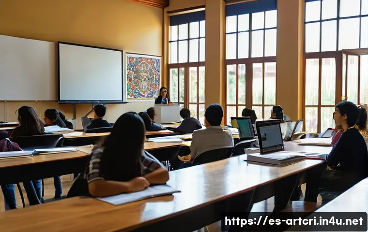 미술평론가 자격과 관련된 대학 추천 - A diverse group of university students engaged in an art history seminar inside a grand lecture hall...