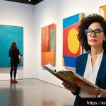 Home 22 미술평론가의 필수 학문적 접근 - A thoughtful art critic in a modern museum gallery, surrounded by diverse contemporary artworks feat...