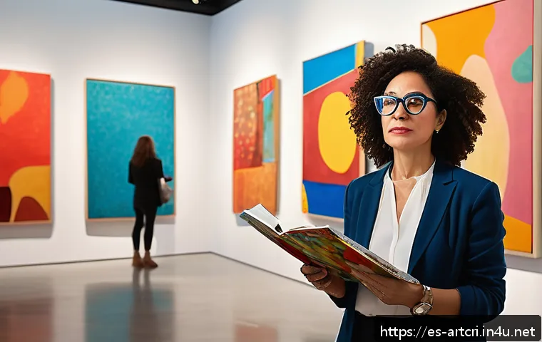 미술평론가의 필수 학문적 접근 - A thoughtful art critic in a modern museum gallery, surrounded by diverse contemporary artworks feat...