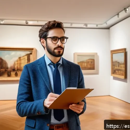 Home 33 미술평론가 직무 수행 시 필요한 역량 - A sophisticated art critic in a modern Spanish art gallery, wearing smart casual clothing and glasse...