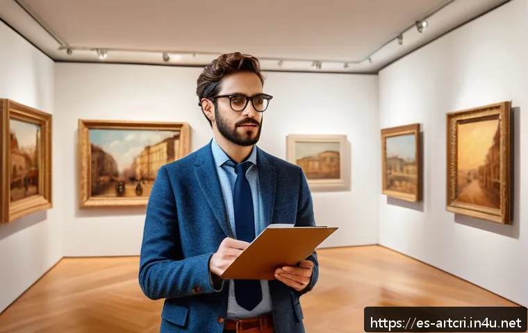 미술평론가 직무 수행 시 필요한 역량 - A sophisticated art critic in a modern Spanish art gallery, wearing smart casual clothing and glasse...