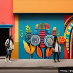 Home 20 미술평론가의 비판적 글쓰기 훈련 - A vibrant Latin American urban art gallery scene featuring diverse visitors engaging deeply with col...