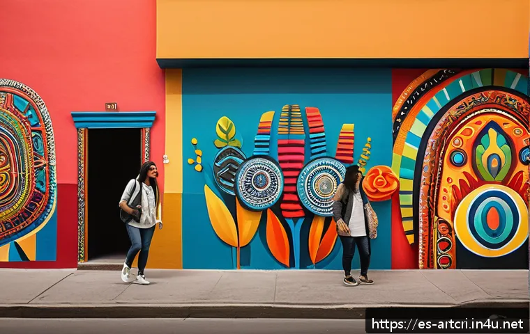 미술평론가의 비판적 글쓰기 훈련 - A vibrant Latin American urban art gallery scene featuring diverse visitors engaging deeply with col...