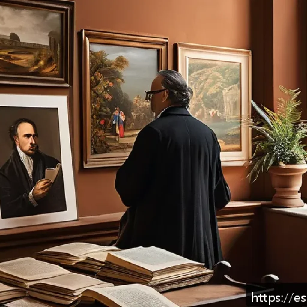 미술평론가의 작업 프로세스 - A sophisticated art critic&rsquo;s study room, filled with Renaissance and contemporary art books, histori...
