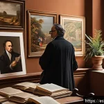 Home 18 미술평론가의 작업 프로세스 - A sophisticated art critic’s study room, filled with Renaissance and contemporary art books, histori...