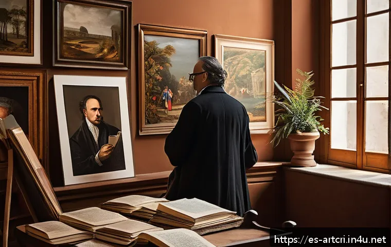 미술평론가의 작업 프로세스 - A sophisticated art critic&rsquo;s study room, filled with Renaissance and contemporary art books, histori...