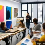 Home 23 미술평론가 교육 기관 추천 - A vibrant classroom scene in a contemporary art school in Madrid, Spain, featuring diverse young adu...