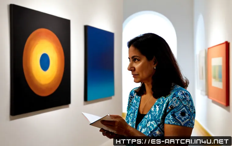 미술평론가 분야의 최신 트렌드 - Photorealistic contemporary art critic examining a vibrant abstract canvas in a sunlit independent g...
